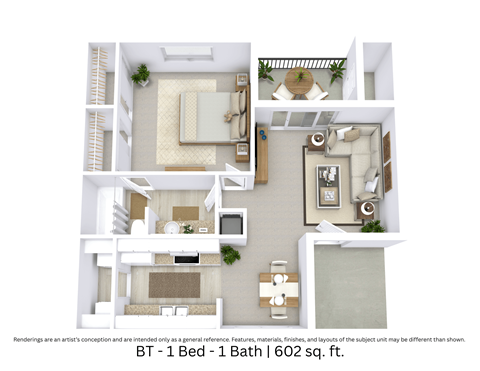 Floor plan for 1 bed, 1 bath, 602 sqft